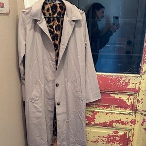 SHEIN Gray Trench Coat with Leopard Lining